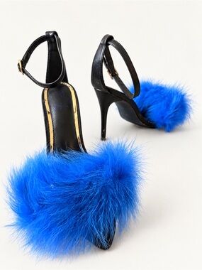 Black Ankle-Strap High Heels with Bright Blue Feather Accent